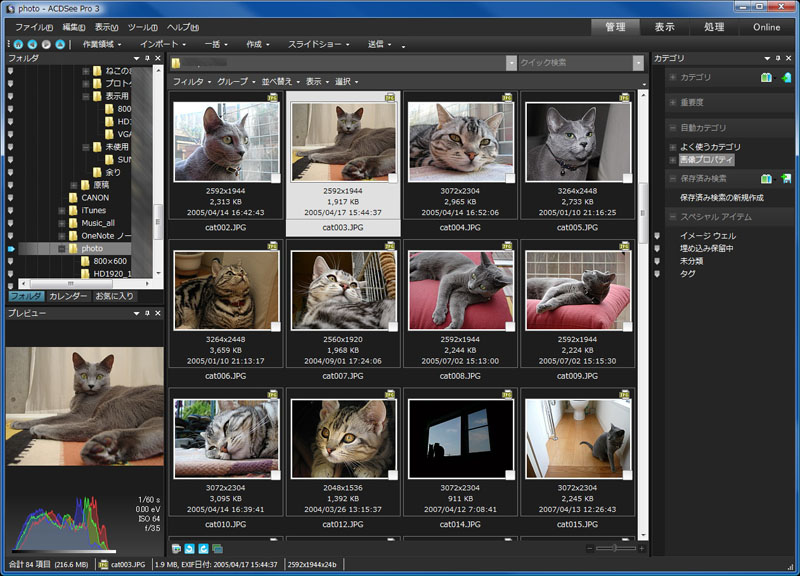 多量の画像を含んだフォルダを開いても、一瞬でサムネイルが表示される。ただし、初回のアクセスはサムネイル構築にある程度時間がかかる。二度目のアクセスから超高速ってコトですな