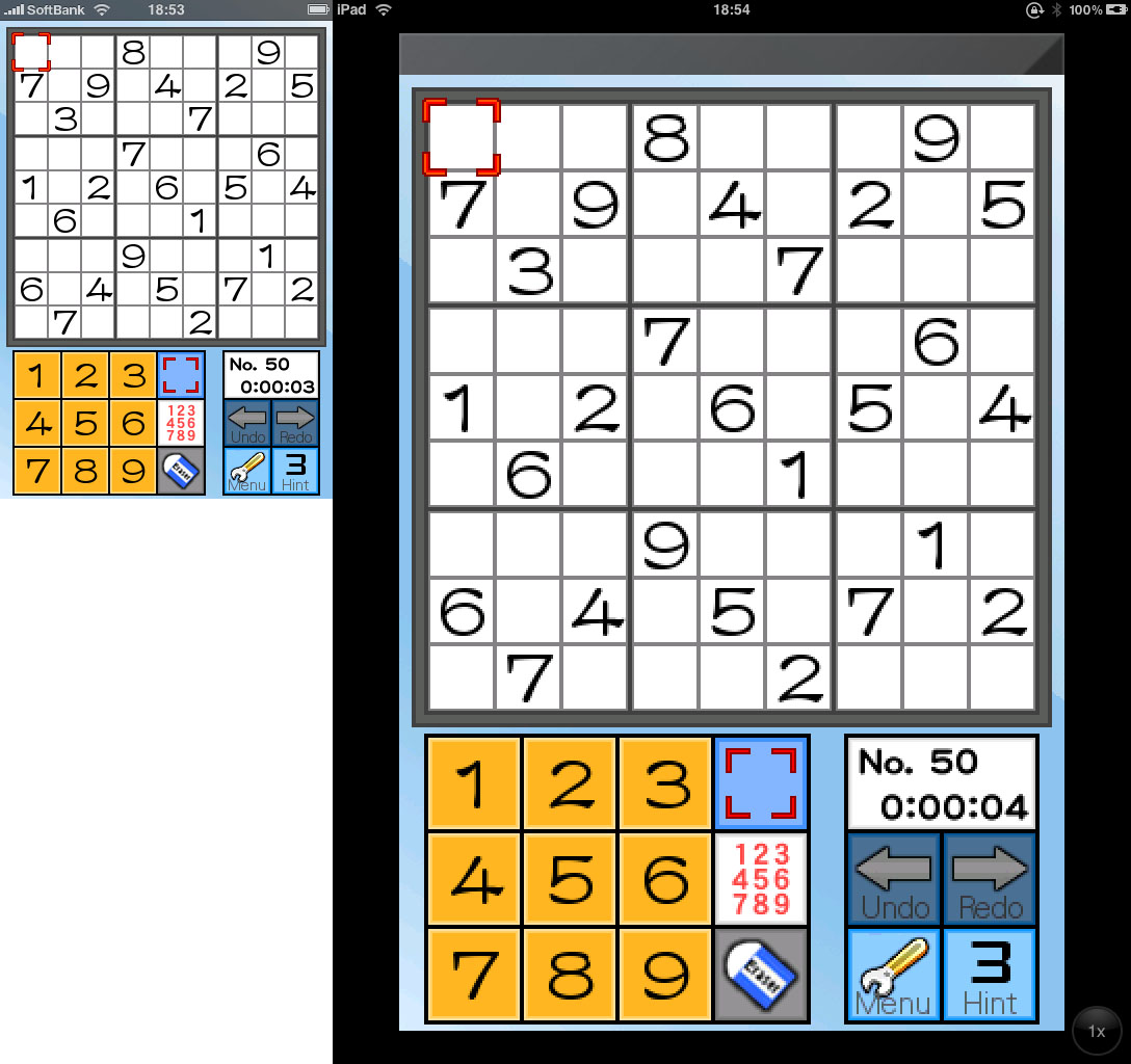 数独ゲーム。細かなマス目に数字を置いたりするゲームだが、これもマス目が広く数字が大きく表示されるiPadのほうが遊びやすい