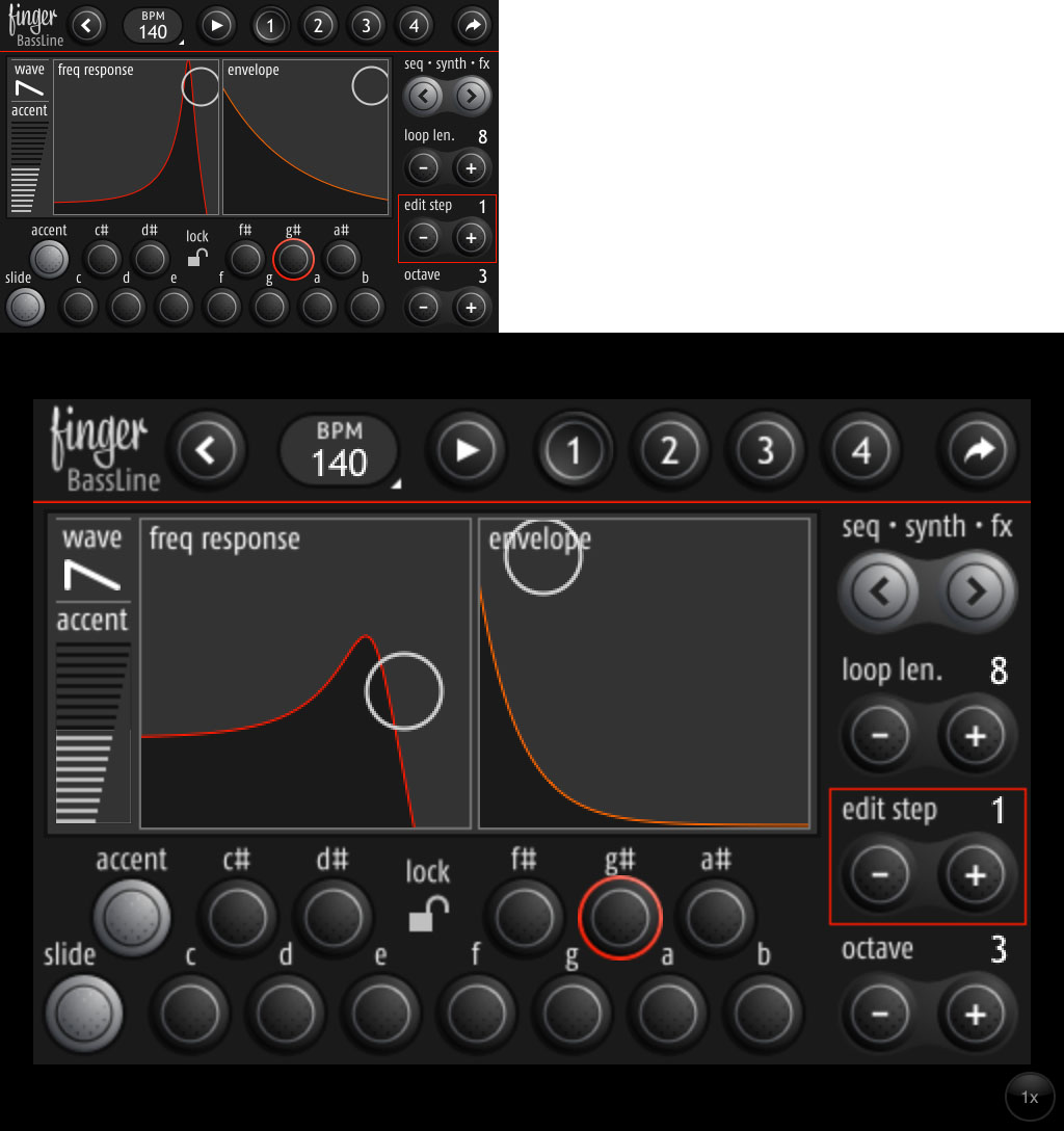 音楽系アプリのBassline。iPadは画面が大きい分、タッチによる音質などの調整を行いやすい。多くの音楽系アプリがiPad上で使うことで快適化する