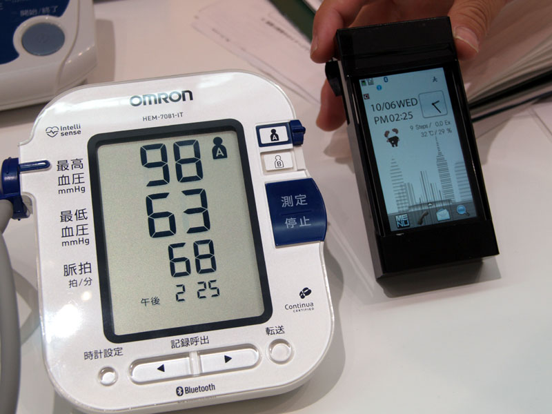 CHA規格に対応した携帯電話と血圧計（血圧計はオムロンが医療関係機関向けに既に発売している製品）