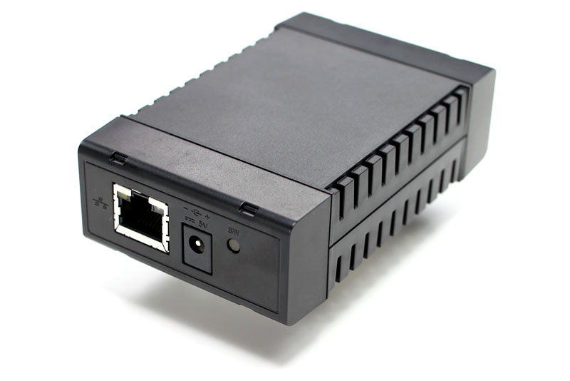 N-TRANSFERの背面。ACアダプタジャックとLAN（10BASE-T/100BASE-TX/1000BASE-T）ポートがある