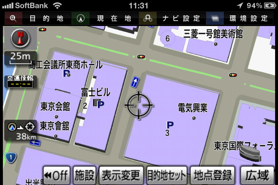 詳細地図をダウンロードしたうえで最大縮尺にした様子。建物のカタチまでわかる地図表示だ