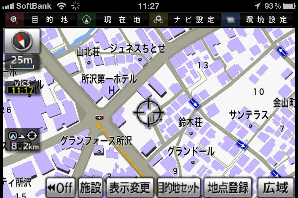 最大縮尺にしたところ。VICS情報が道のどちら側のものなのかもシッカリわかったりする