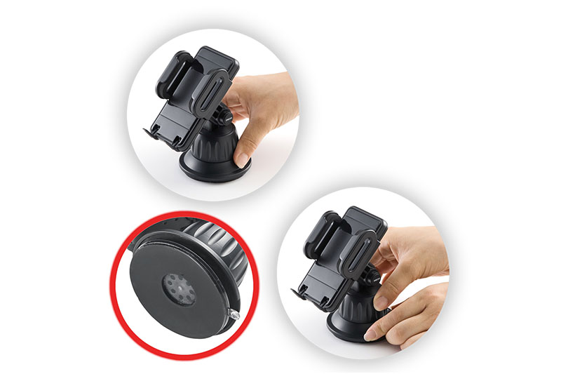 底面にはネバネバの吸盤。これをダッシュボードなどに押しつけ、台座部を回して締めれば固定できる