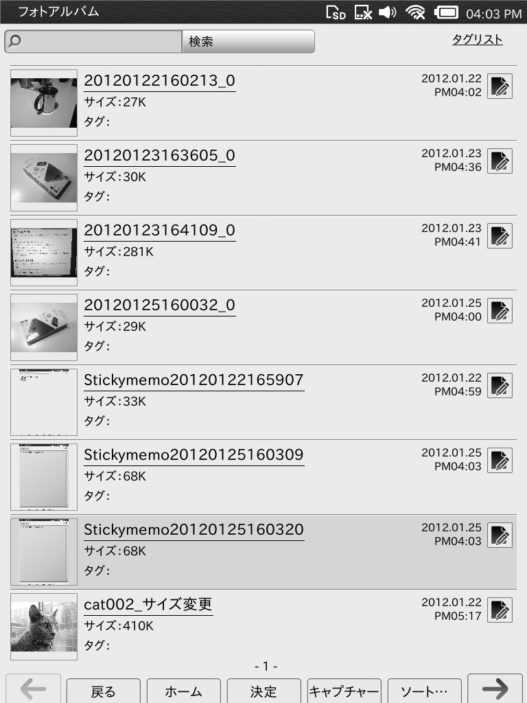 撮った写真やキャプチャーした画像はフォトアルバム機能で閲覧できる。サムネイル表示もされ、必要最小限の機能は持っている