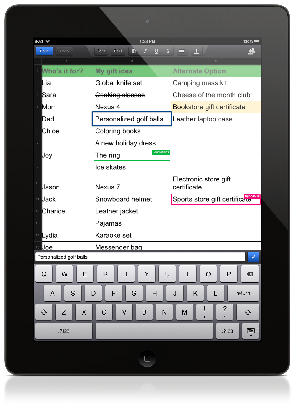 iPadからのスプレッドシート編集例（Google Drive公式ブログより画像転載）