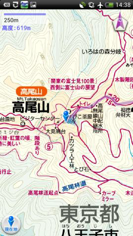 現在地アイコンと記録ルート表示
