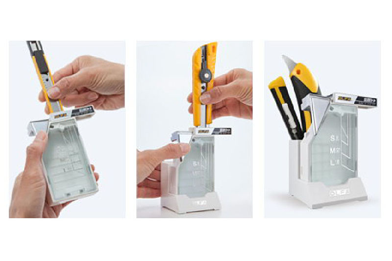 カッターナイフの刃をポキステーションに差し込み、銀色のレバーを押せばパキッと刃が折れる。折れた刃はポキステーション内にたまる。