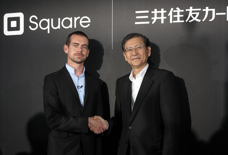Squareのジャック・ドーシーCEO（左）と三井住友カードの島田秀男社長