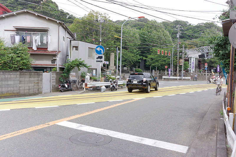 江ノ電のレールを颯爽と横切る