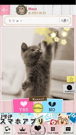 ユーザーが投稿した画像が表示され｢カワイイ？｣の問いに｢YES｣｢NO｣｢NEATRAL｣から選んでタップする