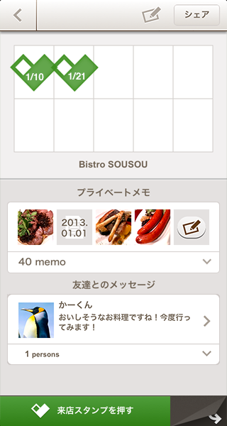 カードの裏面には訪れた日のスタンプや、非公開のプライベートメモが記録できる
