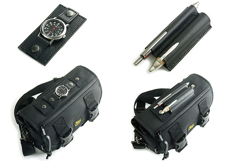 「ファスナー付きカスタムフラップ」には、時計ホルダーやペンホルダーといったオプション品を装着できる。装着は面ファスナーで固定する。