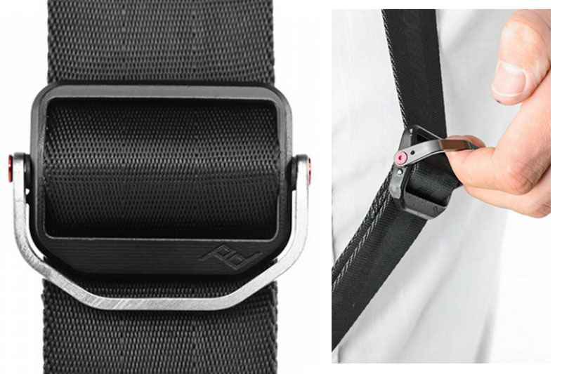 いろいろなスタイルでカメラを提げられます。長さ調節もクイックに行えますので、撮影時と移動時のカメラの位置変えも簡単です。写真のように指を金具に引っ掛け、カメラと金具とストラップのテンションを操る程度で、容易に長くも短くもできます。