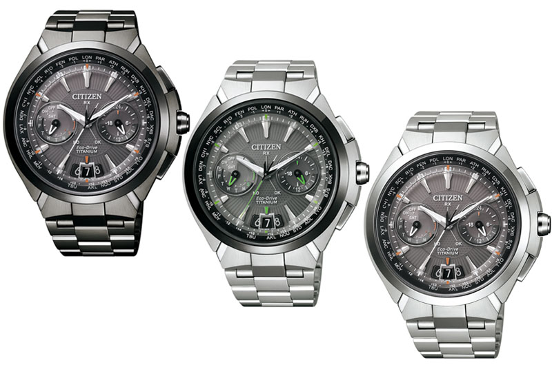 シチズンの「アテッサ エコ・ドライブ サテライトウエーブ」シリーズ。GPS電波を受信して時刻を修正するソーラー充電式腕時計です。モデルバリエーションは、左から「CC1085-52E」「CC1086-50E」「CC1080-56E」。