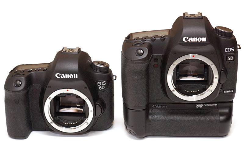 左はキヤノンの「EOS 6D」。右はワイヤレストランスミッターを装着した「EOS 5D Mark II」。「EOS 6D」は安価＆シンプルに無線テザー撮影可能なボディです。