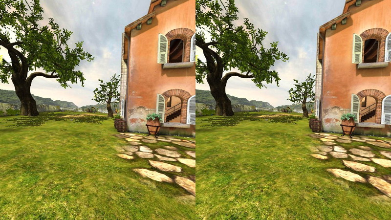 VR用アプリの1つ。同じ映像が並んでいるだけのように見えるが、本製品を使うと奥行き感が出てくる