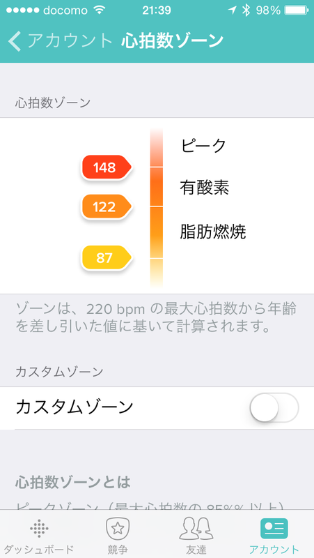 自分の心拍数ゾーンはアカウントで確認できる