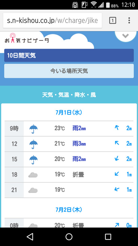 現在から10日先までの1〜3時間ごとの詳細な天気もわかる