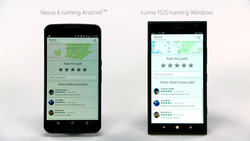 Androidアプリの実行ファイルをWindows Phone向けに変換する「Windows Bridge for Android」。マップやストアなどのサービスはWindowsのサービスに置き換えられる（画像は公式サイトの紹介動画より）