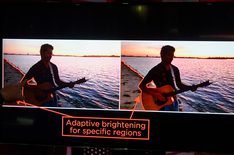 Spectra camera ISPなどによるイメージ処理のデモ。逆光時の極端なコントラストで暗く見える部分を補正