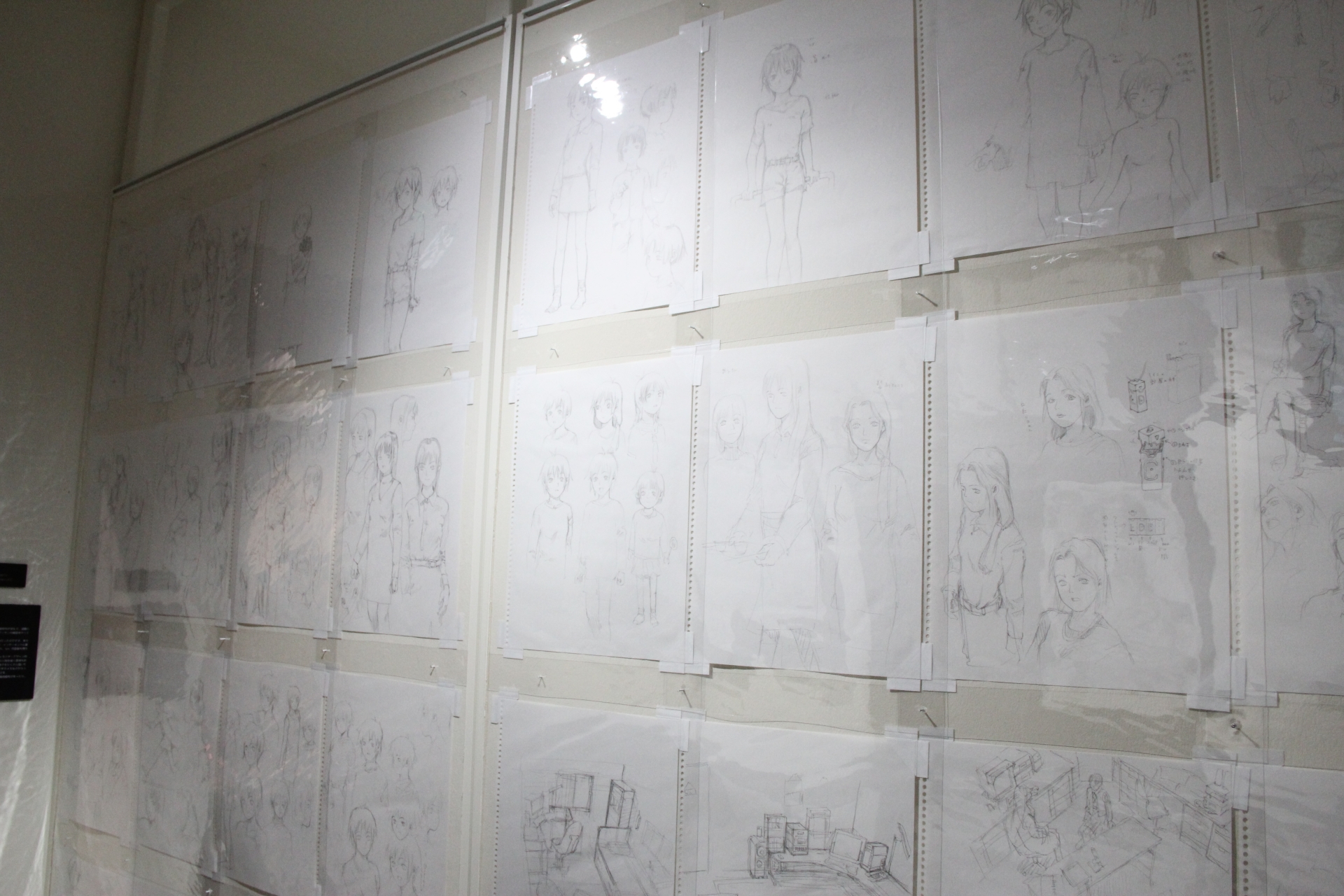 映像ソフトに使用されたジャケットイラストや設定画など、約100枚が展示されている