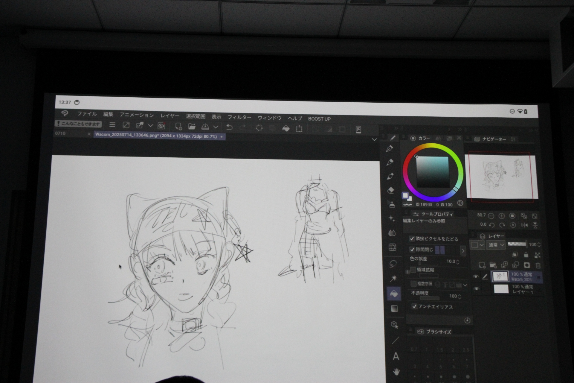 わずかな時間だったが、その間に「Wacom Canvas」でラフ線を引き「CLIP STUDIO PAINT DEBUT」にデータを送って着色へ。わずか20分ほどでここまで作業を進めていた