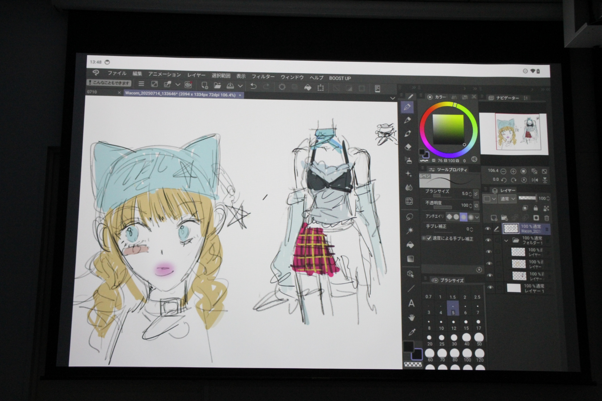 わずかな時間だったが、その間に「Wacom Canvas」でラフ線を引き「CLIP STUDIO PAINT DEBUT」にデータを送って着色へ。わずか20分ほどでここまで作業を進めていた