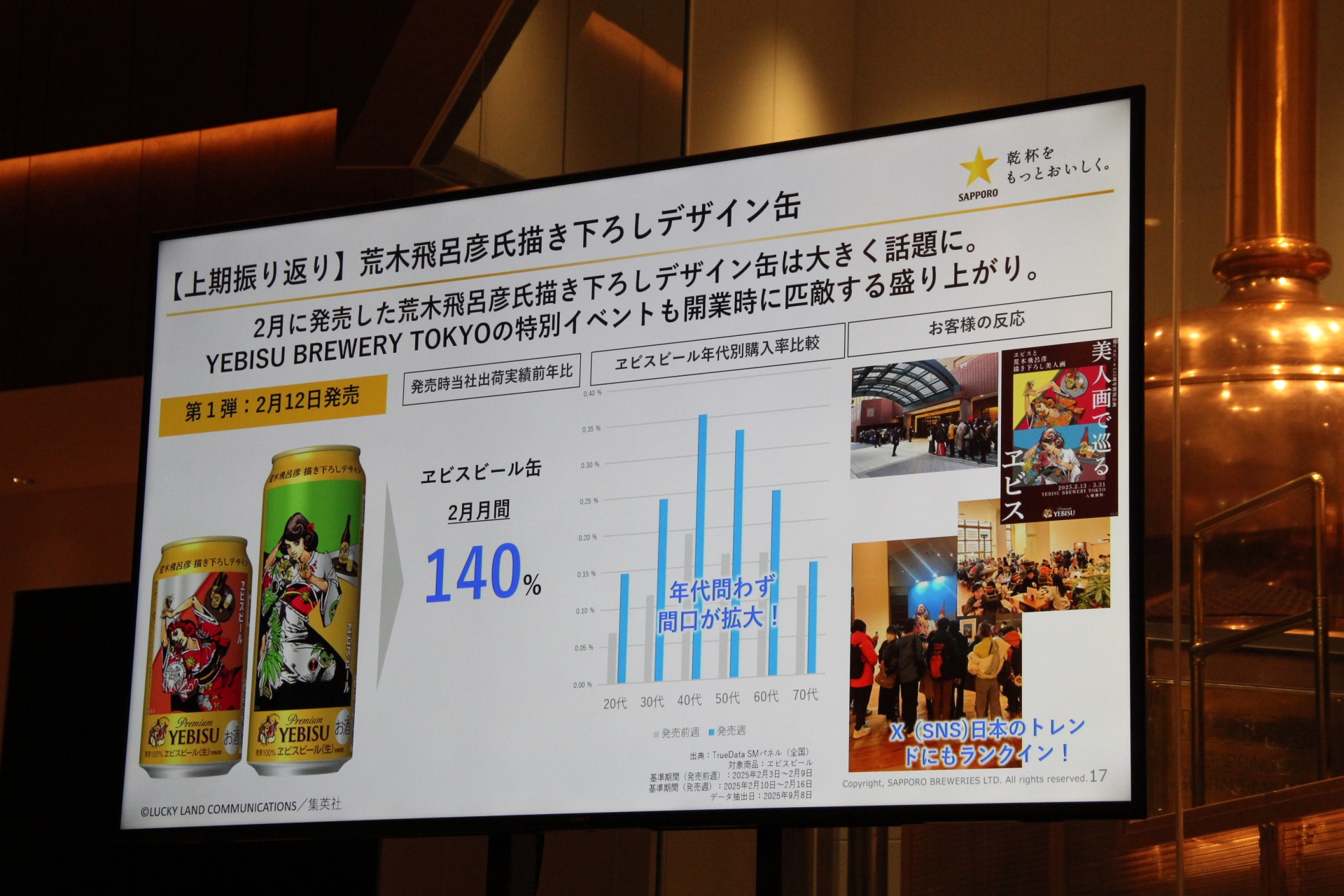 「美人画で巡るヱビス」イベントが大盛況だったことも踏まえて、下期の話を展開したサッポロビール マーケティング本部 ビール＆RTD事業部 ヱビスブランドグループ ヱビスブランド ブランドマネージャーの沖井尊子氏。