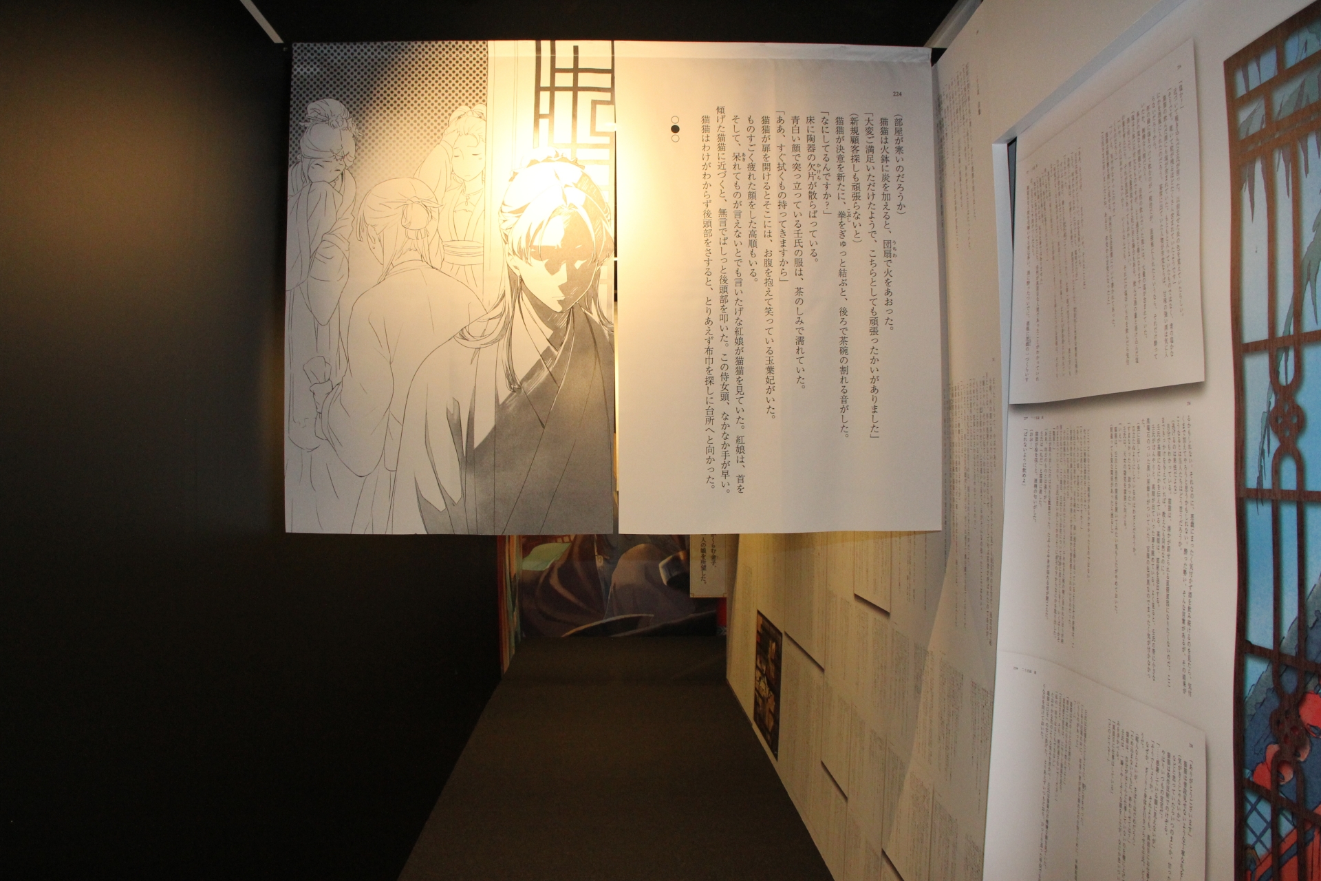 最初の回廊には、右手とのれんに書籍から抜粋した小説のページが飾られている。ジックリと読み進めていくのも楽しい