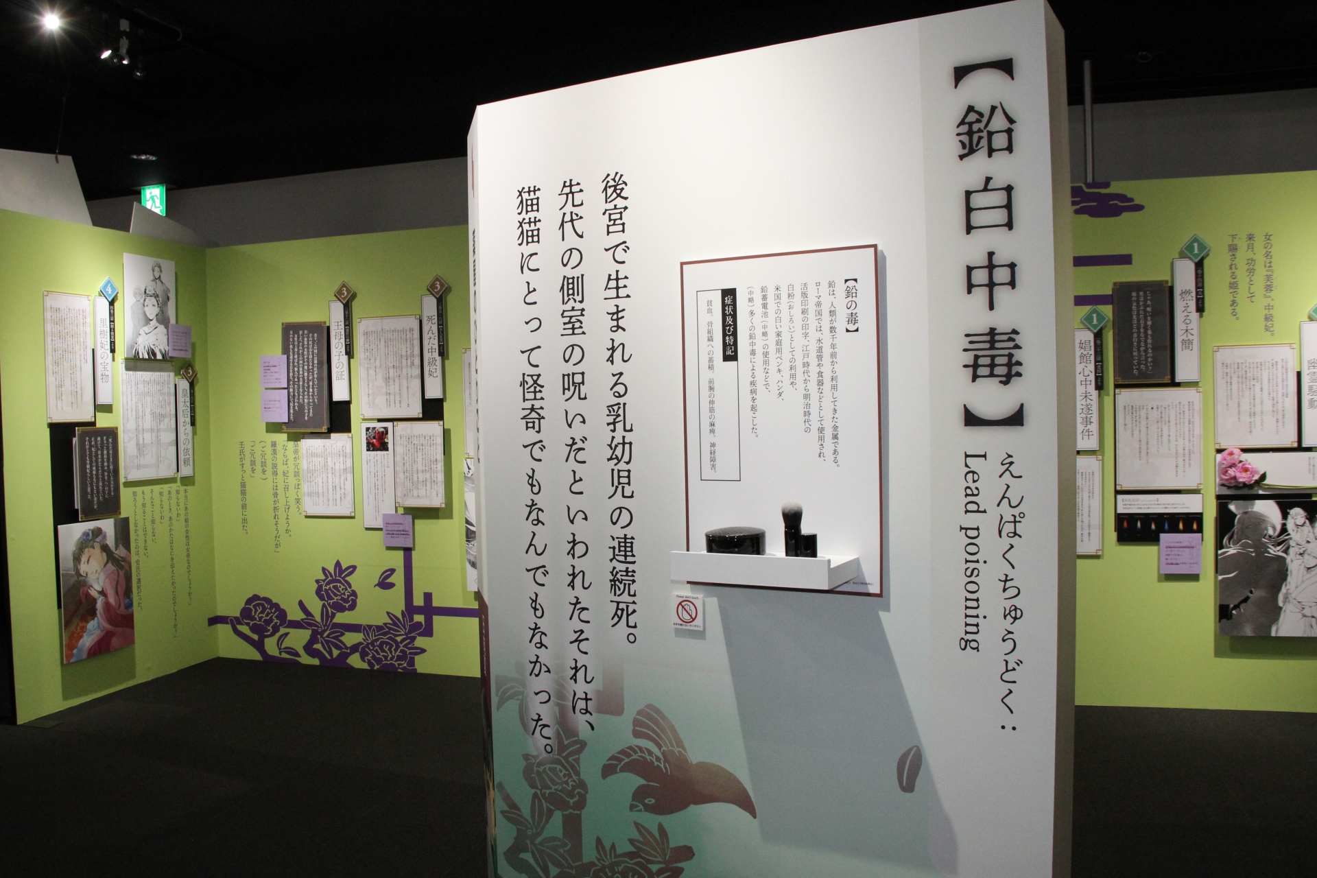毒については曼荼羅華やおしろい、参考にした書籍の解説などを見ることができる。それらが、ヒーロー文庫から発売されている小説「薬屋のひとりごと」を模した、巨大な本を開いたところに展示されているのもユニークなところ