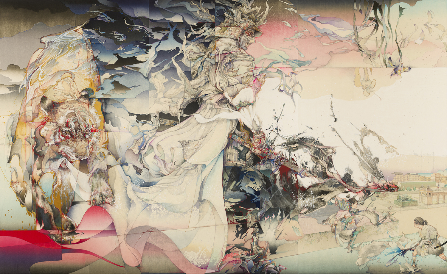 夢幻対峙之図（部分） 2026年　六曲一隻屏風 ミクストメディア　158×516cm