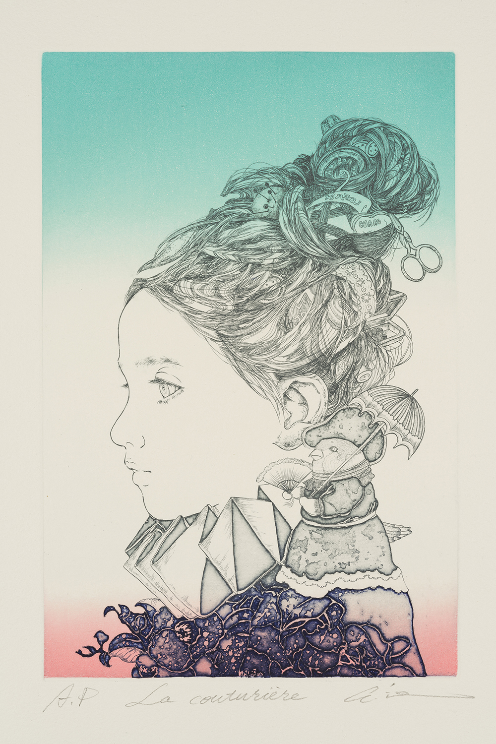 「La couturière（裁縫師）」 2021年 エングレーヴィング・エッチング、紙 30×20cm 作家蔵