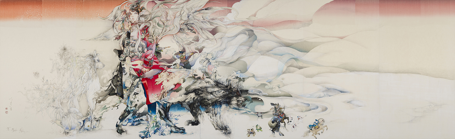 「L'Alpha et l'Oméga（始まりと終わり）」（左隻）2019年 六曲一双屏風 ミクストメディア 158×516cm 丸沼芸術の森