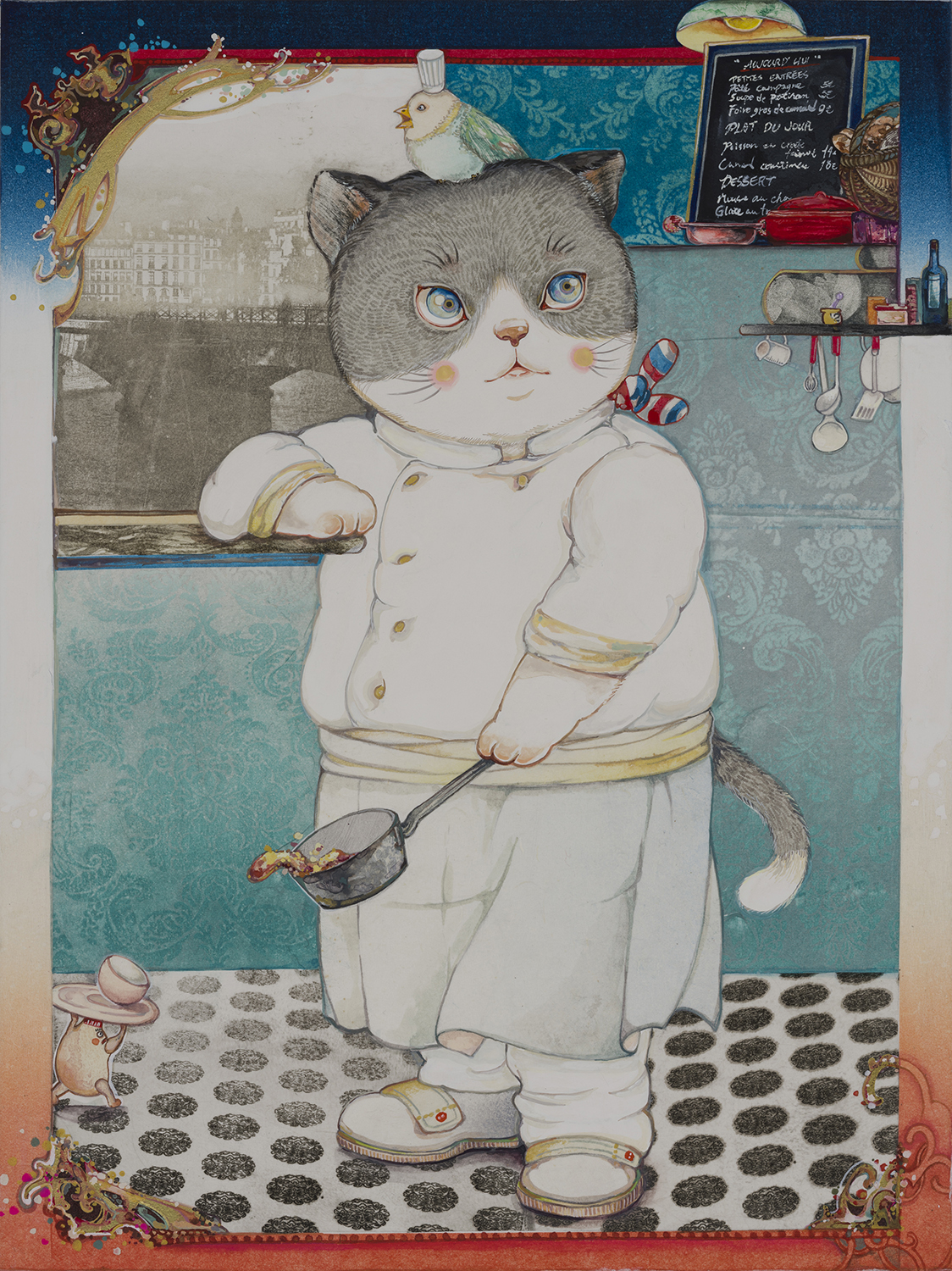 「Hachi le chat, chef cuisinier（猫のシェフ“ハチ”）」 2019年 ミクストメディア 40×30cm 個人蔵