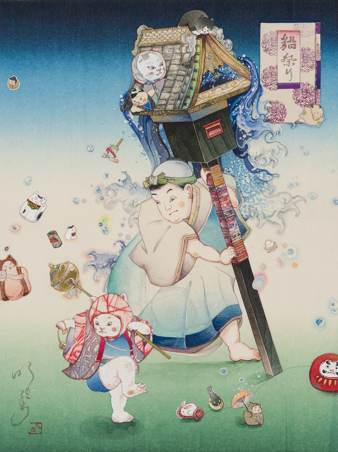 「猫祭り」 2020年 ミクストメディア 40×30cm 個人蔵