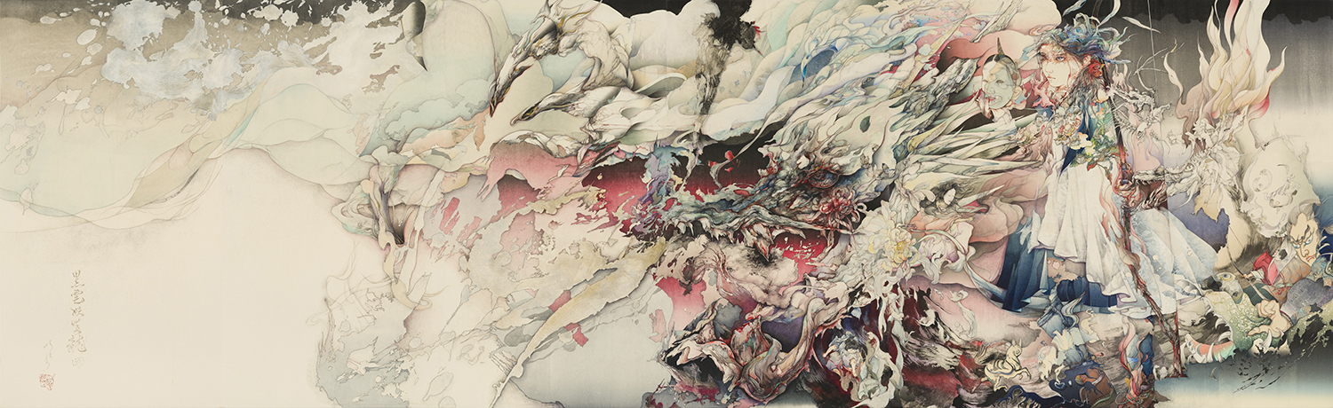 「黒雲妖炎龍図」 2023年 六曲一隻屏風 ミクストメディア 158×516cm 丸沼芸術の森