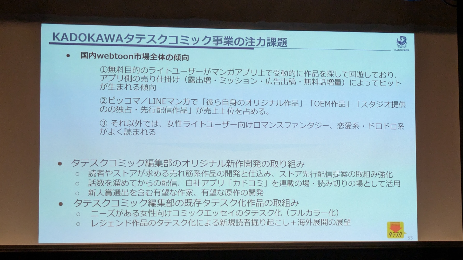 寺谷氏からはタテスクコミックやKADOKAWAの直近の取り組みについても報告が行なわれた