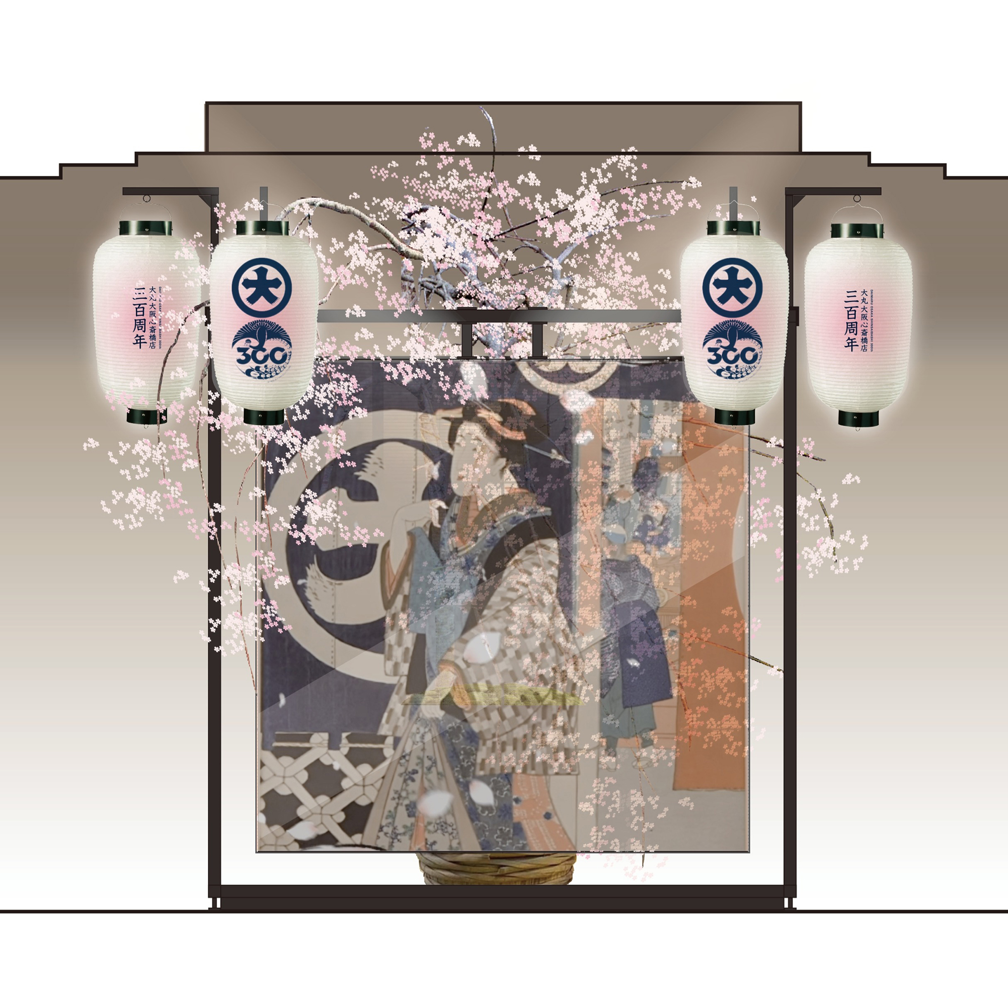 大丸が描かれた浮世絵の一部が動き出す映像の展示。生花の桜の装飾とともに、シースルービジョンを使用して浮世絵を投影する。