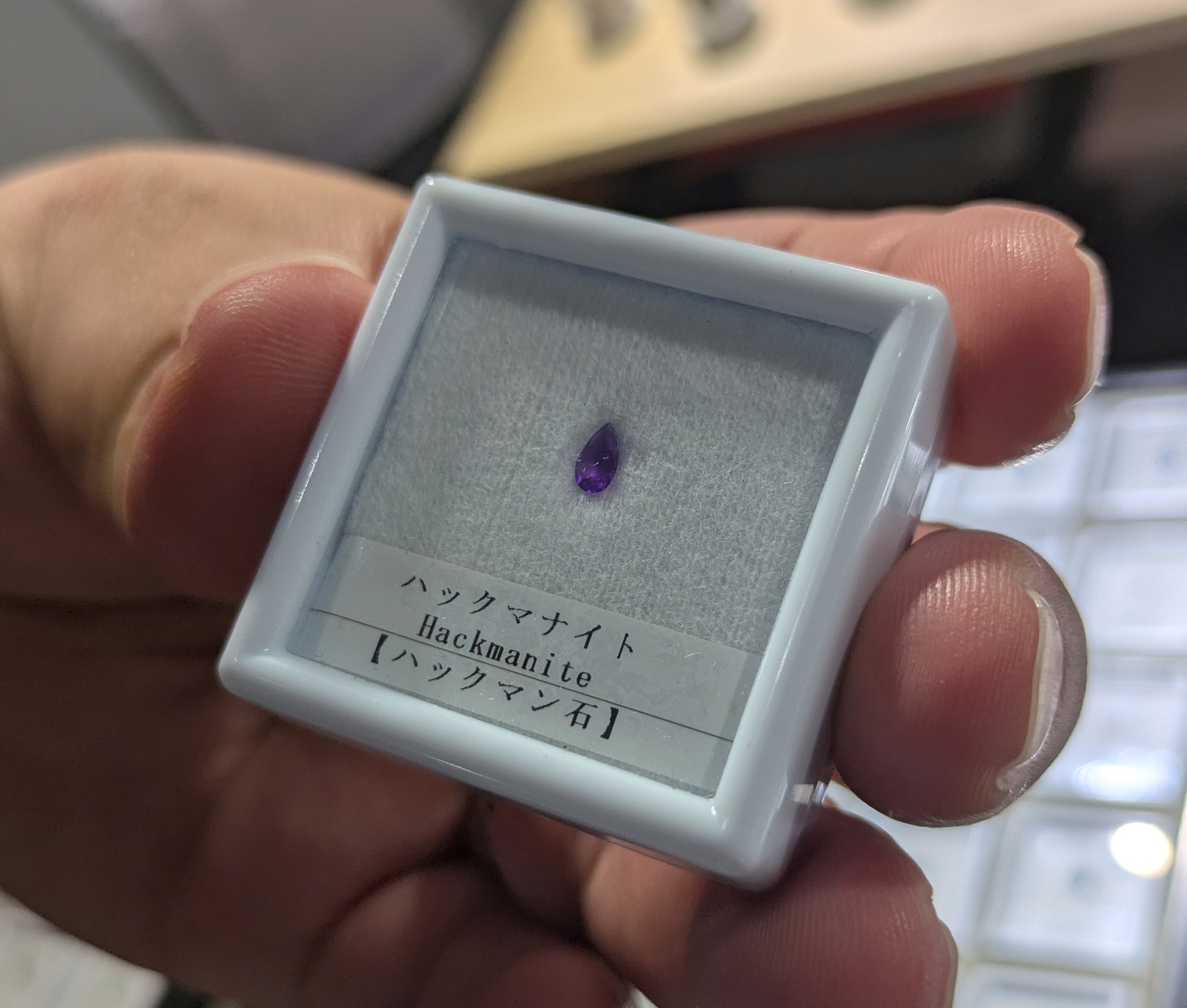「ハックマナイト」という石にUVライトを当てると、淡いラベンダーが濃く変色する。これは「テネブレッセンス」という現象だそうで、時間が経つと色が元に戻る。ライトによる変色を見たのは初めてで、思わず驚きの声が出た