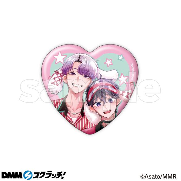 描き下ろしイラストなどを使用した、ホログラムがキラキラ輝くかわいいハート型の缶バッジ