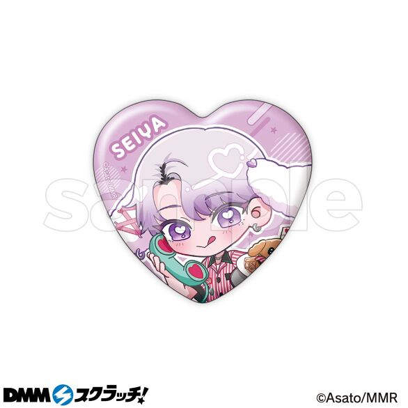 描き下ろしイラストなどを使用した、ホログラムがキラキラ輝くかわいいハート型の缶バッジ