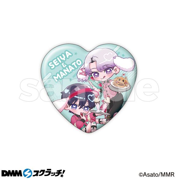描き下ろしイラストなどを使用した、ホログラムがキラキラ輝くかわいいハート型の缶バッジ