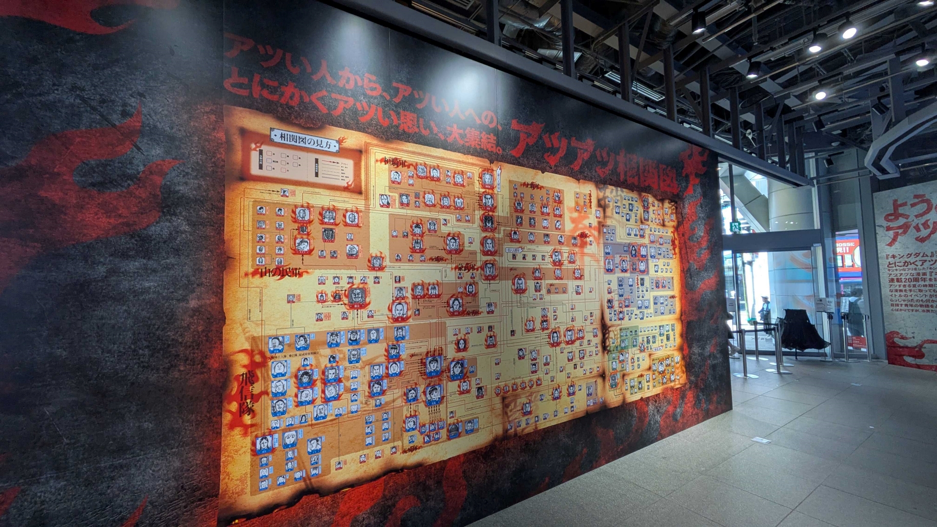 壁面には「アツアツ相関図」。20年で登場した約400人のキャラクターたちの関係性が1枚にまとめられている