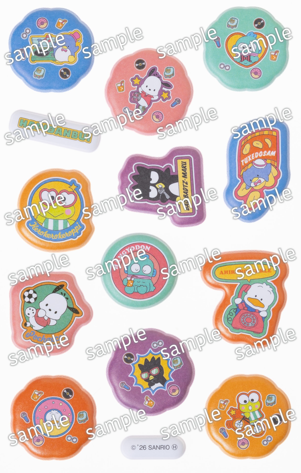 ポチャッコ、タキシードサム、けろけろけろっぴ、バッドばつ丸、ハンギョドン、あひるのペックルが揃い、カラフルでポップな色使いのシールを楽しめる