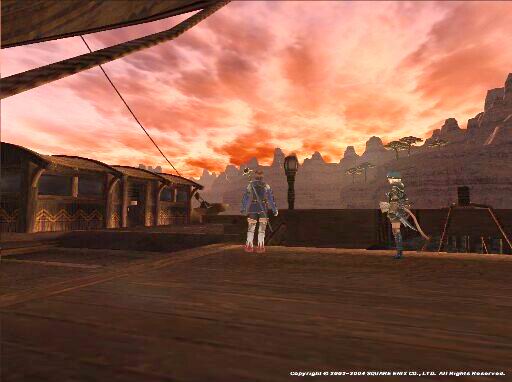 拡張ディスク「ジラートの幻影」のエリアまでは空が普通だったが、「プロマシアの呪縛」以降、空に関してはこれまでと一線を画す画質で感動をもたらしてくれた。写真はビビキー湾の港