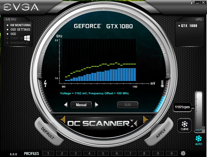 EVGAのオーバークロックツール「PrecisionXOC」。電圧とクロックの“オフセット値”を設定する。オフセット値と言われても、元が何なのか分からないのだが……