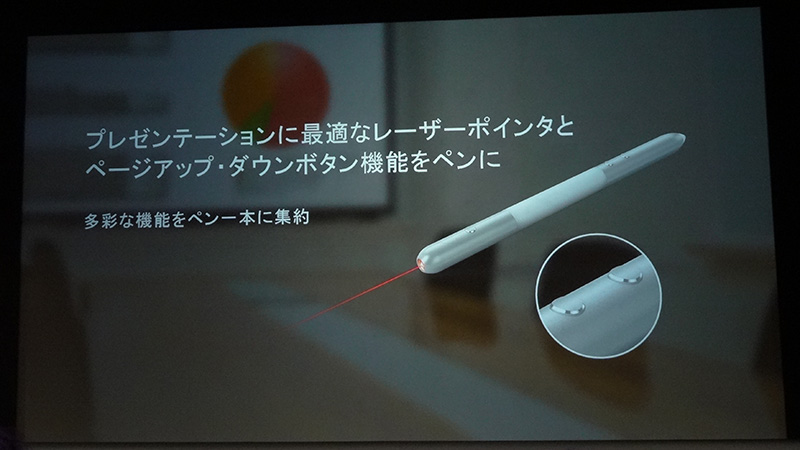 レーザーポインタ機能を内蔵。送り戻りボタンを使うには、本体とBluetoothで接続する