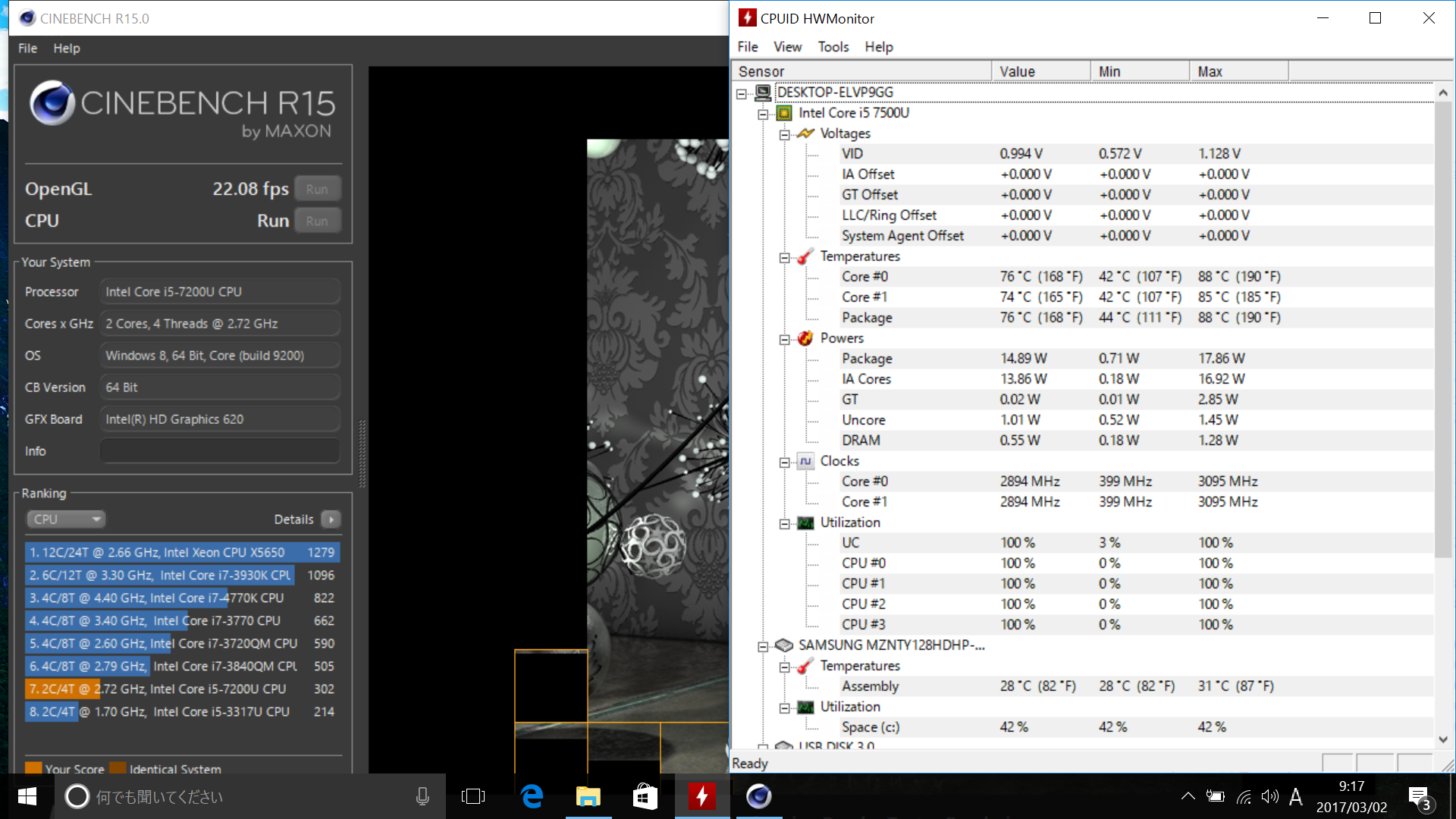 高負荷時にクロック周波数が3092MHzから2894MHzへと低下する現象が見られた。クロック周波数の落差は小さいが、サーマルスロットリング現象が起きている