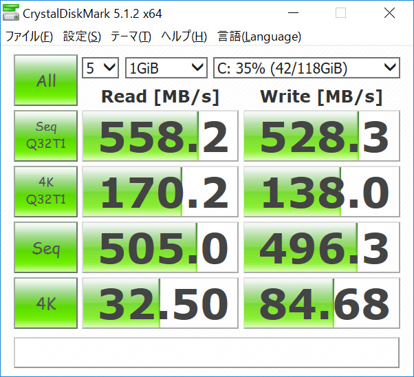 CrystalDiskMark。Seq Q32T1 Read 558.2.1/Write 528,3、4K Q32T1 Read 170.2/Write 138.0、Seq Read 505.0/Write 496.3、4K Read 32.50/Write 84.68(MB/s)